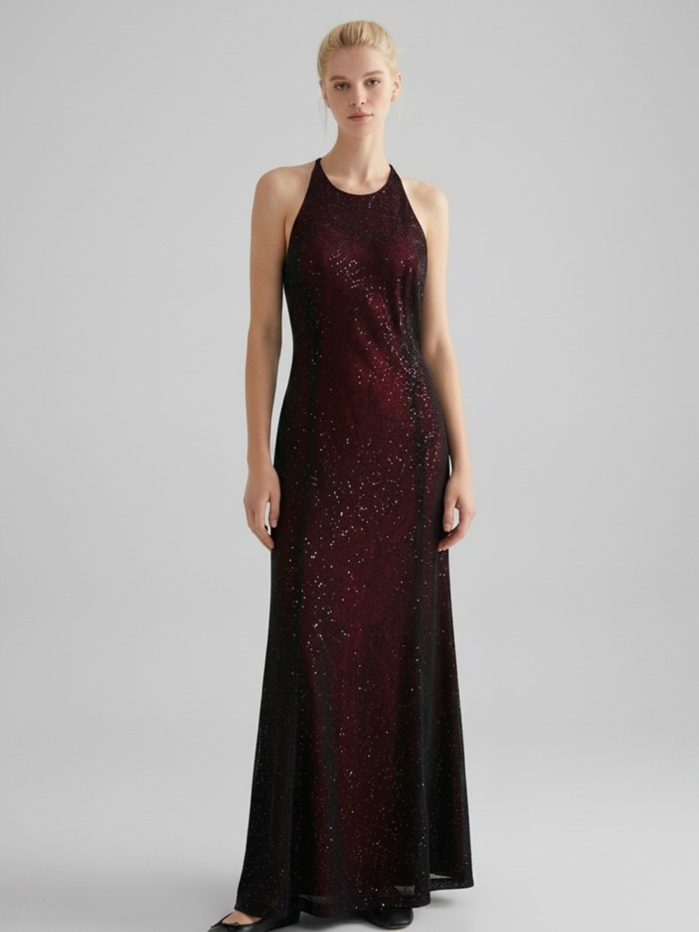 Reggio vintage 90s Y2K Sparkle Halter Evening Floor length Gown Sheer layers 14